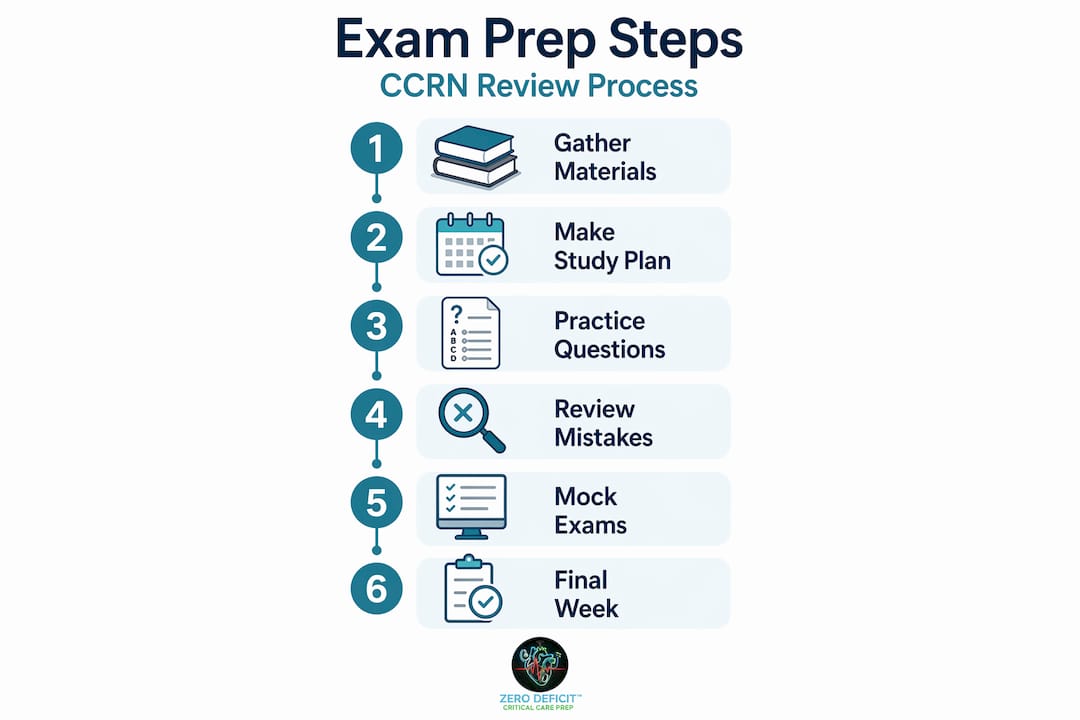 Infographic shows six step CCRN exam prep process