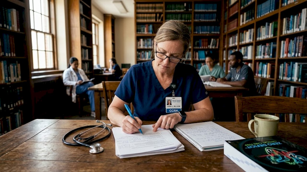 Nurse reviewing CCRN exam rationales in staff lounge