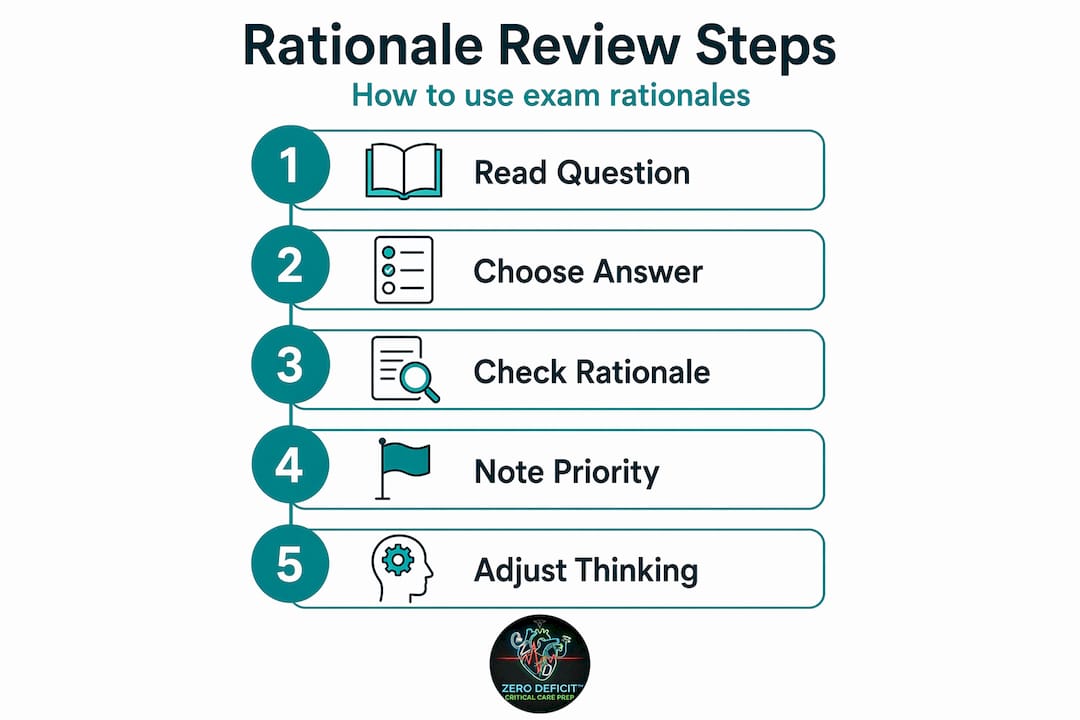 Infographic showing 5 steps for review of exam rationales