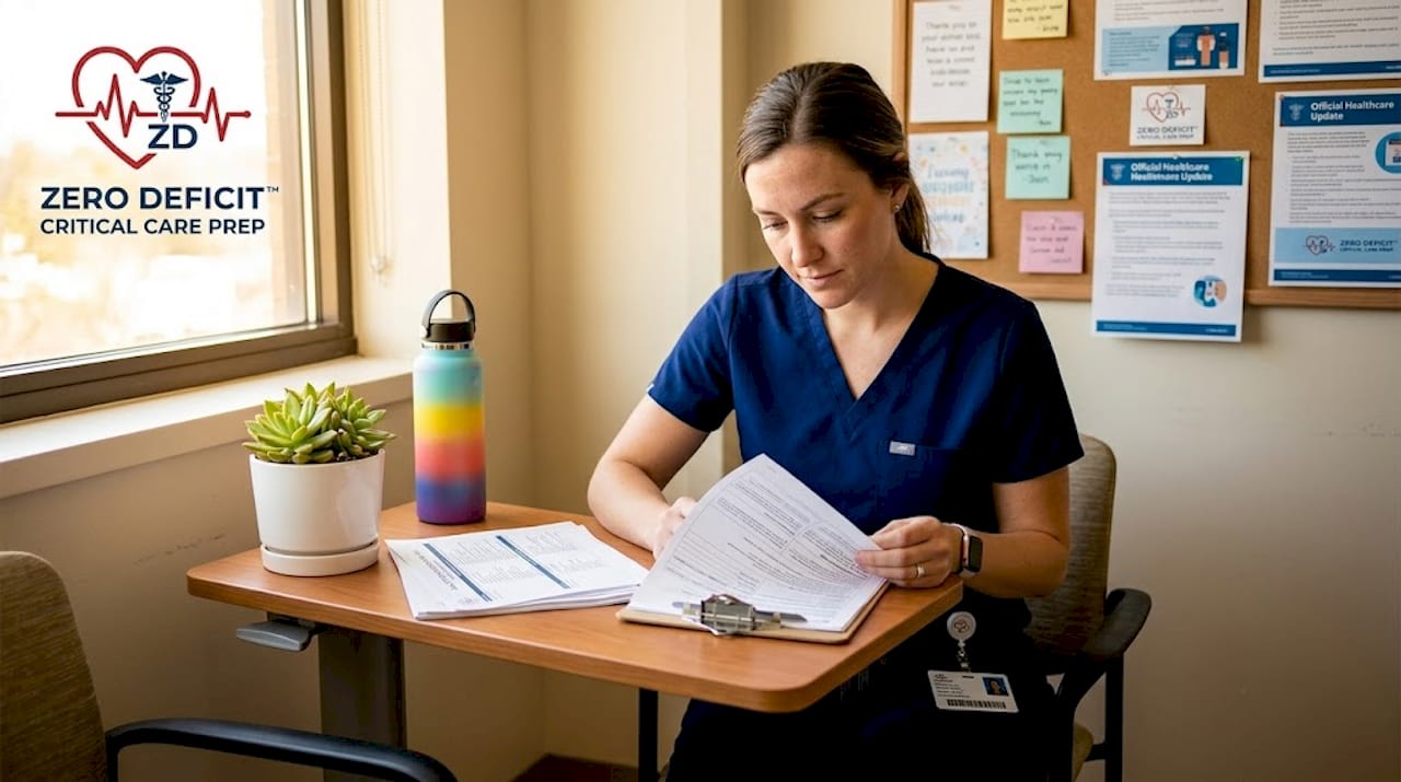 ICU nurse reviewing certification documents at desk