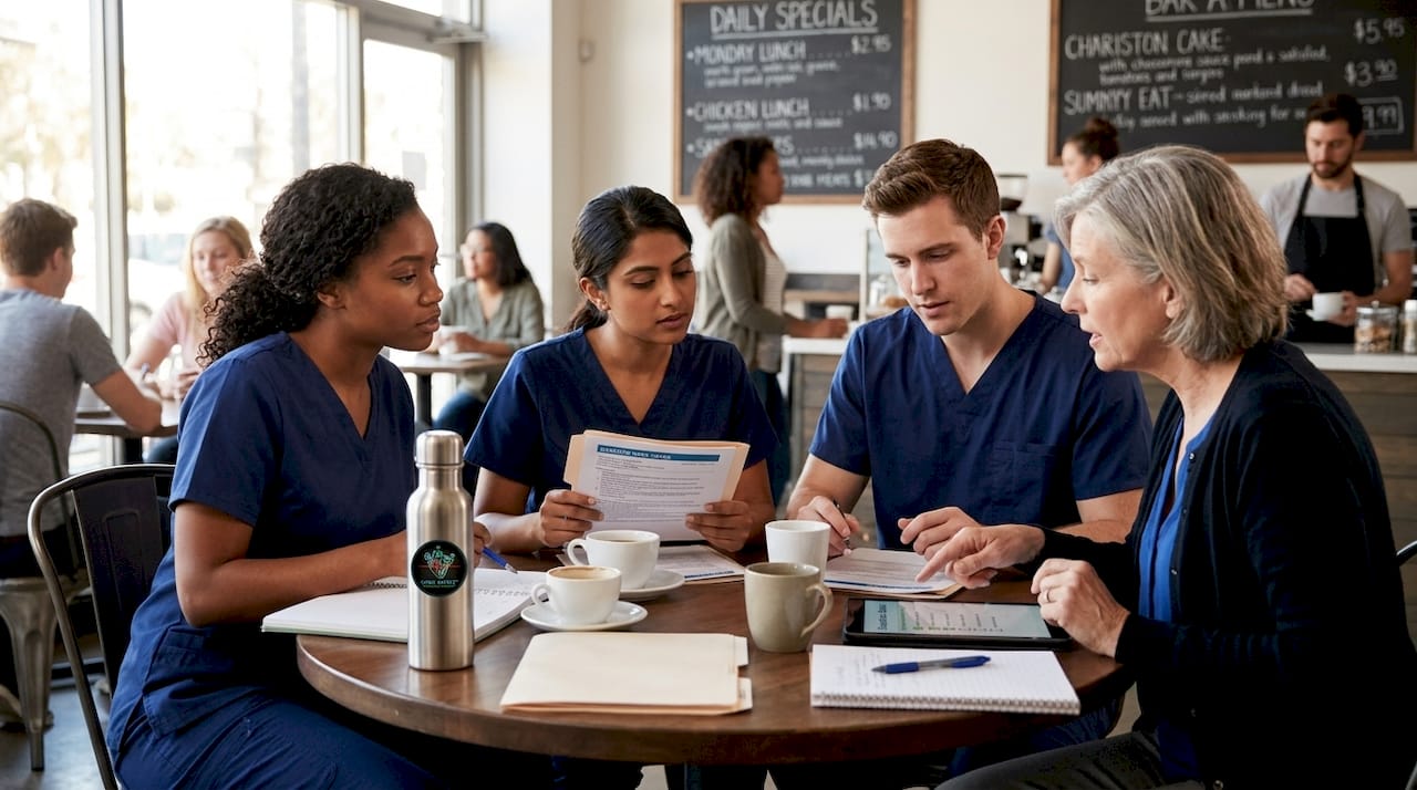 Nursing students reviewing feedback with instructor