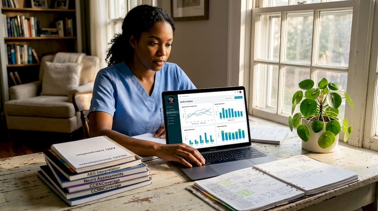 Nurse studying CCRN prep analytics at home