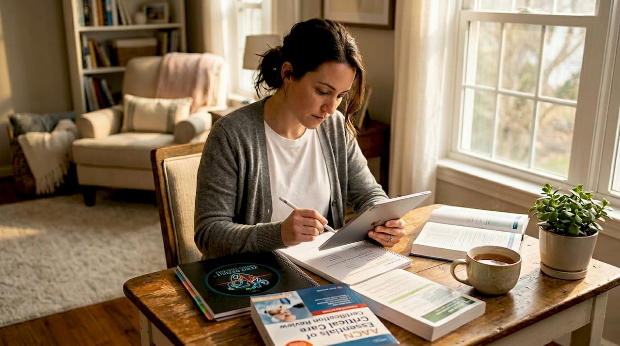 Nurse studying at home desk morning sun