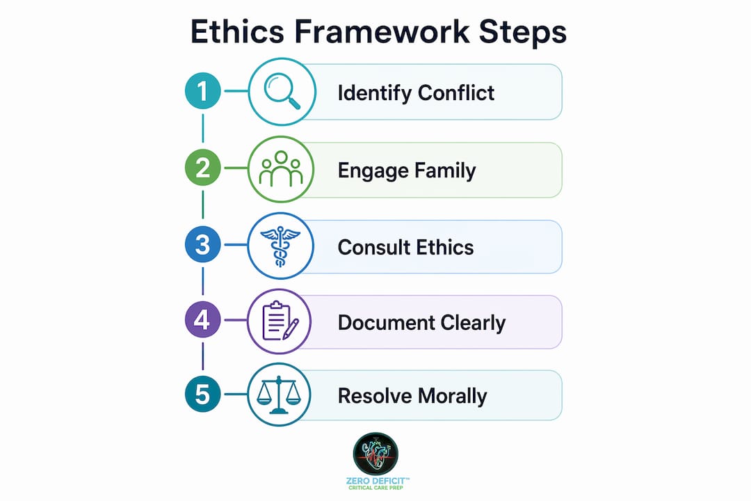 Infographic illustrating ethics framework steps in ICU