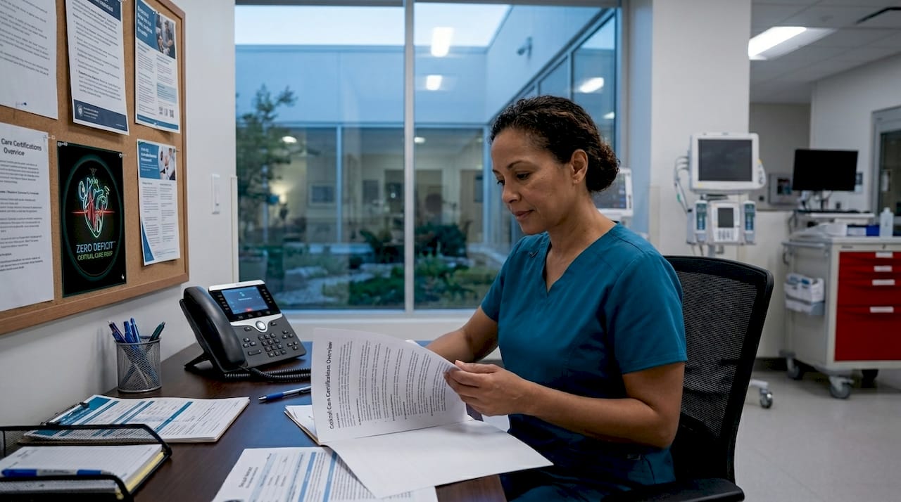 Nurse reviewing certification documents in ICU