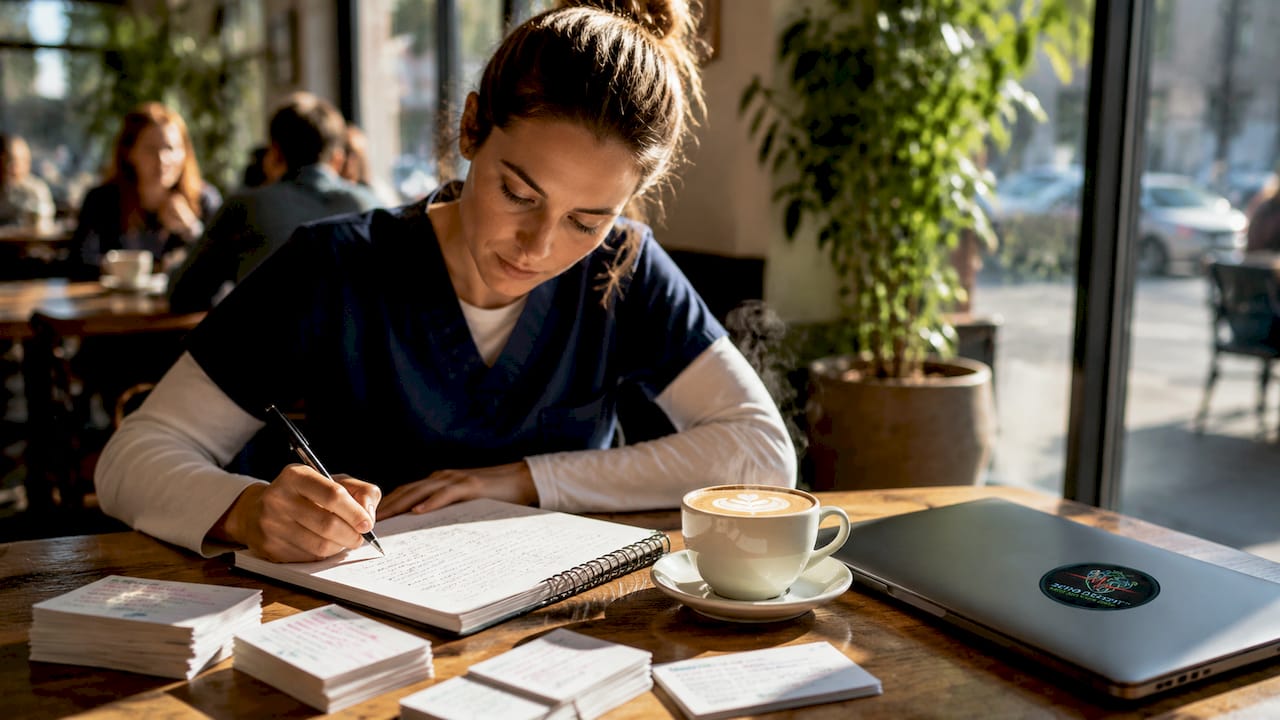 Nurse reviewing CCRN study notes at desk in morning
