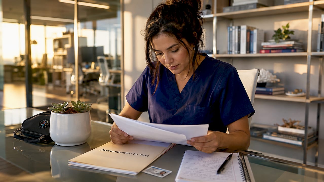 Nurse reviewing exam documents at desk