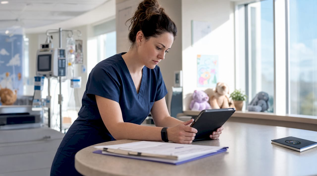 Nurse reviewing patient data on tablet