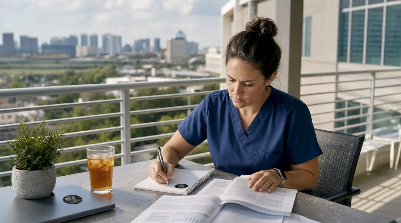 Nurse reviewing medical journals at desk