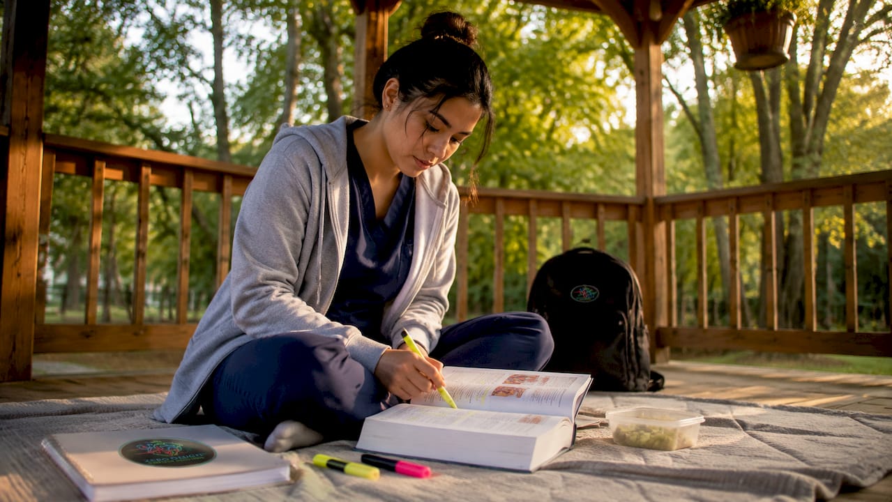 Nurse studying medical exam notes