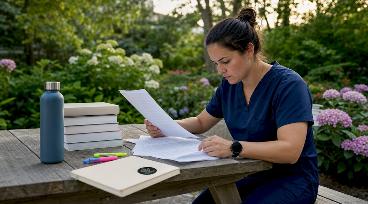 Nurse reviewing CCRN study materials at desk