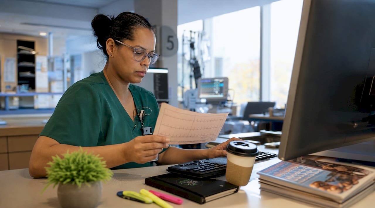 Critical care nurse examining EKG readout at nurse station