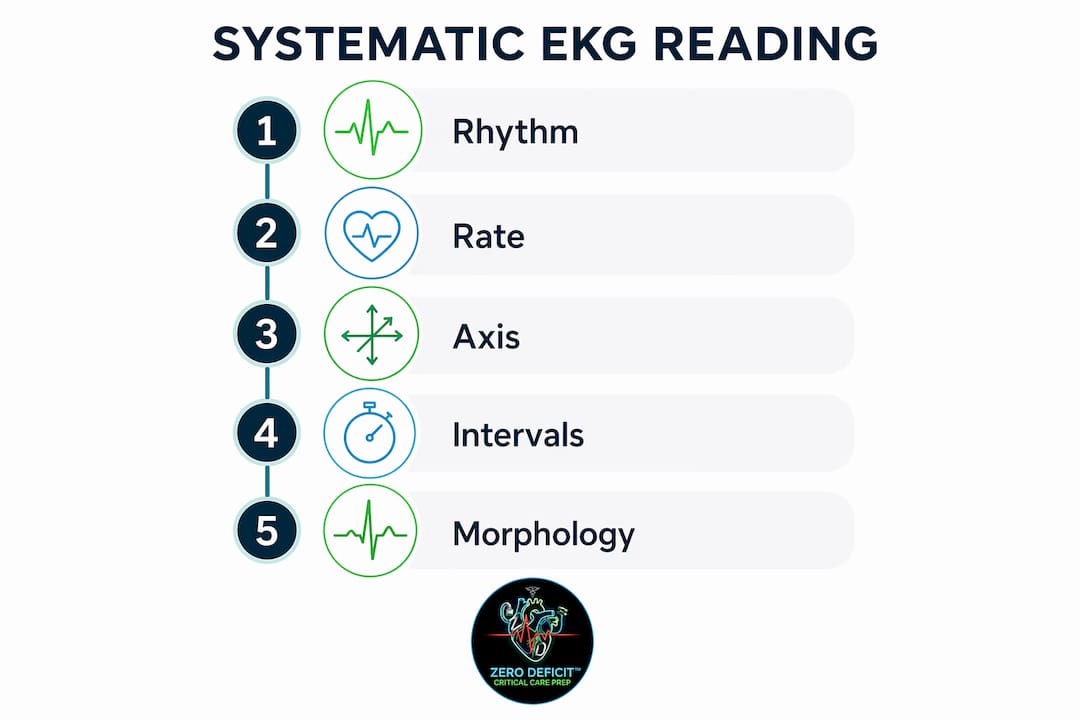 Infographic illustrating five-step EKG interpretation method