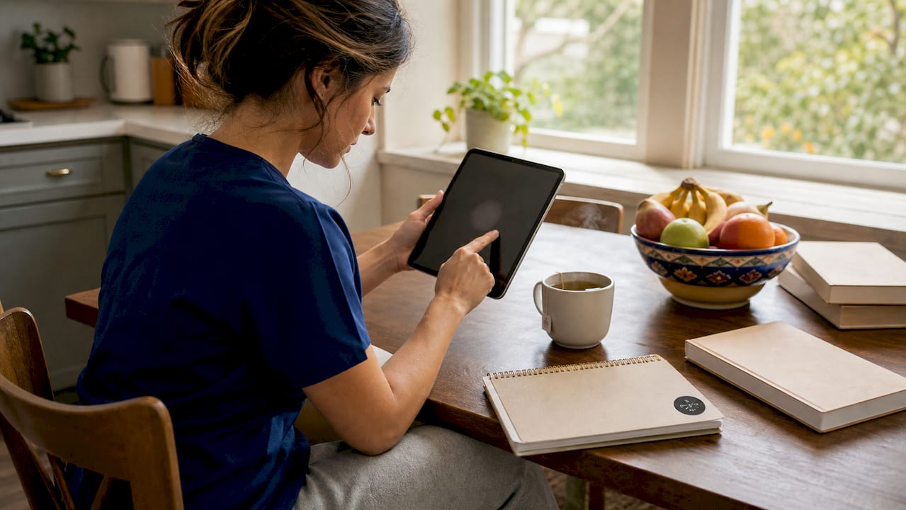 Nurse studying with tablet and notes in break room