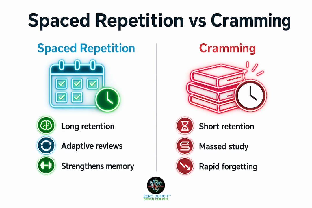 Infographic showing comparison between spaced repetition and cramming