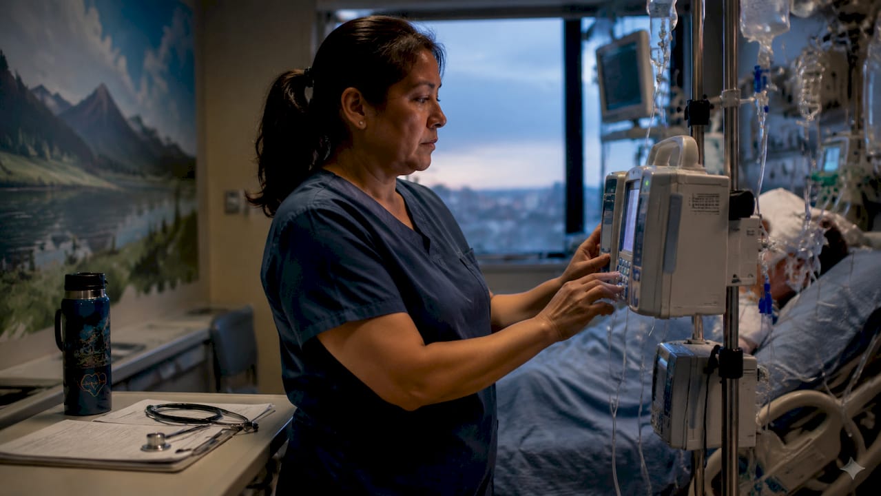 ICU nurse adjusting vasopressor infusion pump