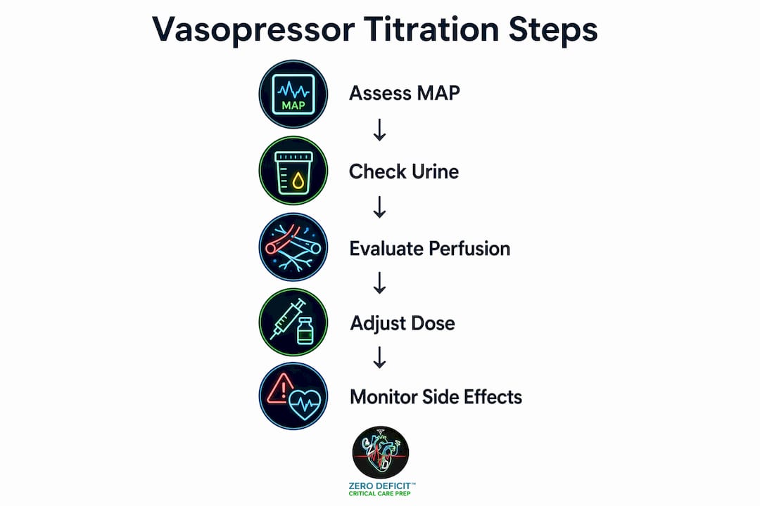 Infographic showing key steps in vasopressor titration process