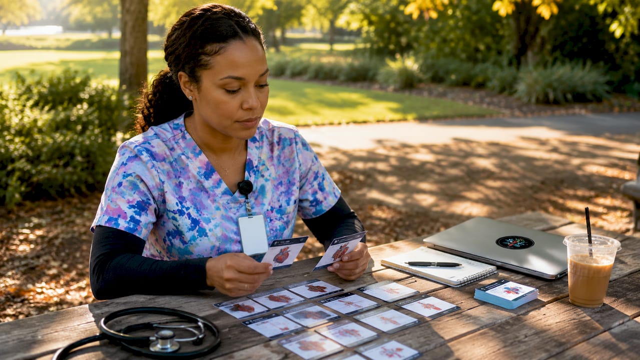 Nurse studying shock types at table
