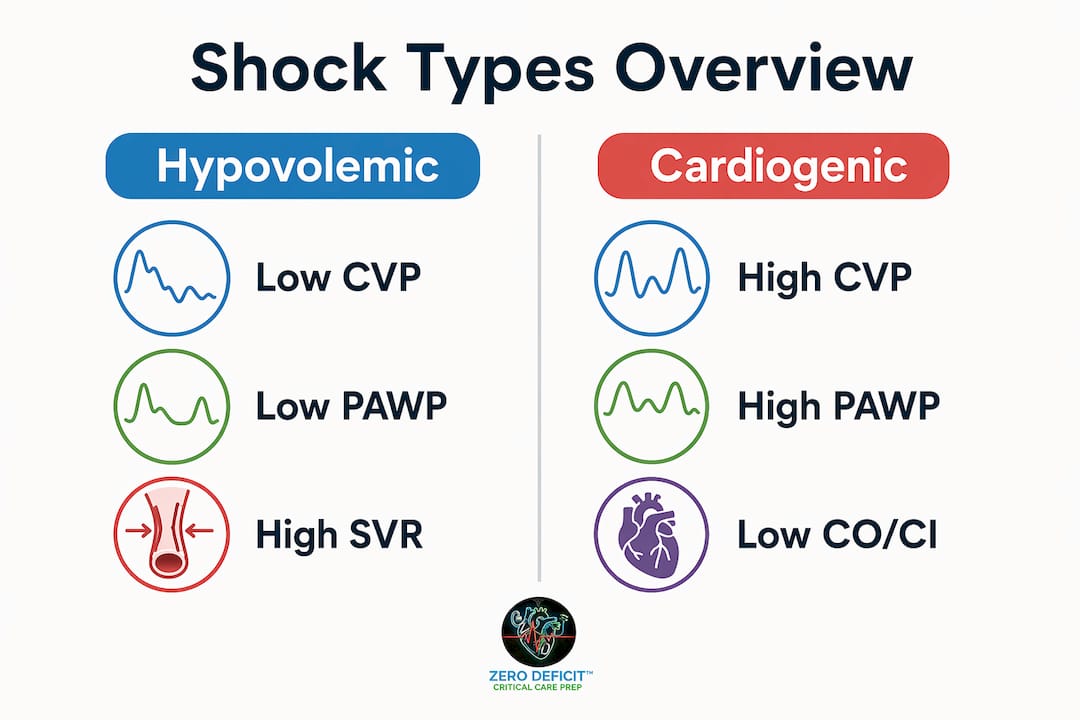 Infographic comparing hemodynamic patterns in shock