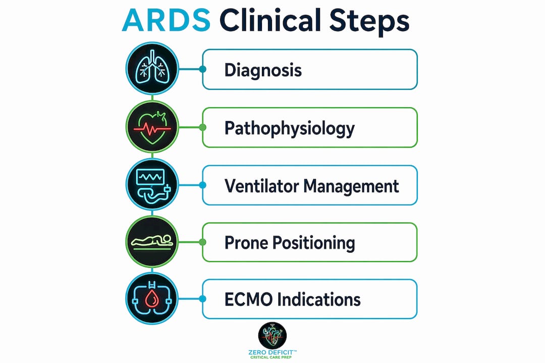 Infographic showing ARDS clinical diagnostic and management steps