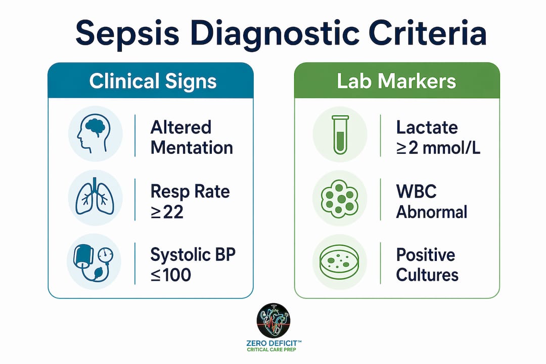 Infographic comparing sepsis clinical and lab criteria