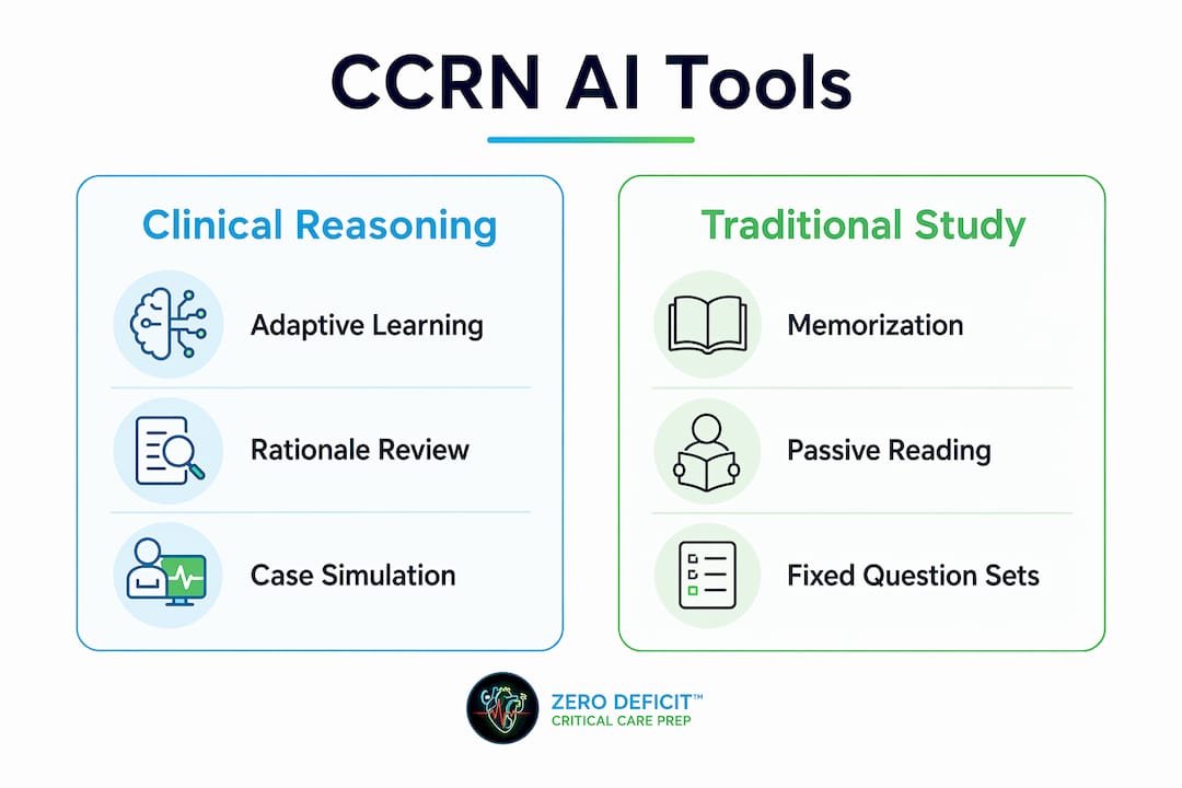 Infographic comparing CCRN AI tools and traditional study methods