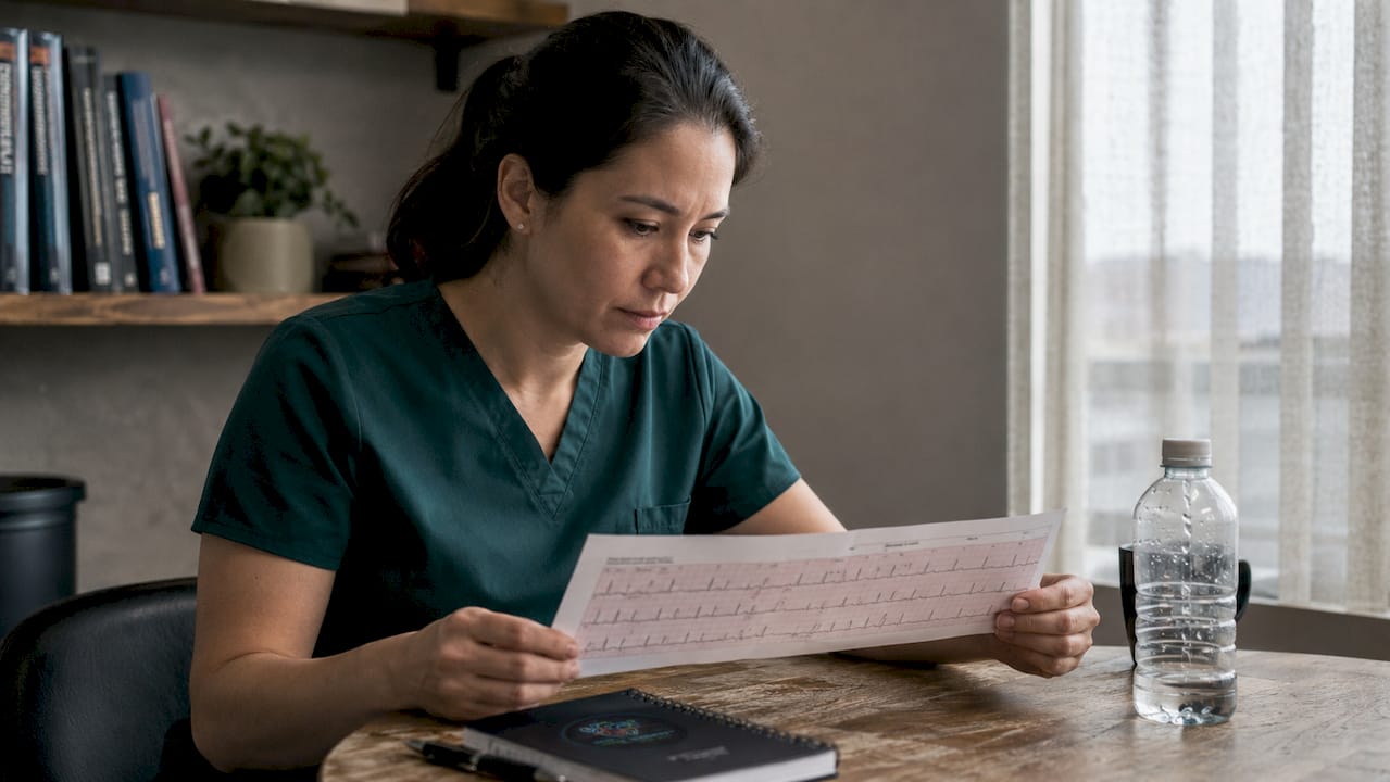 Nurse studying CCRN ECG rhythm strip document