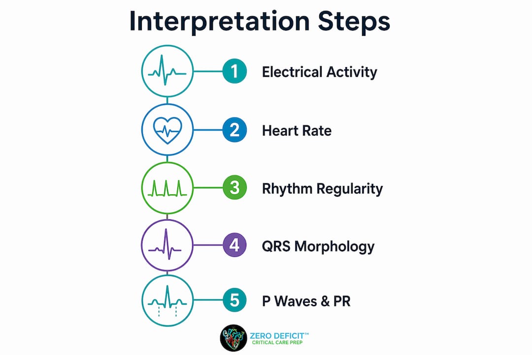 Infographic showing step-by-step CCRN rhythm strip interpretation