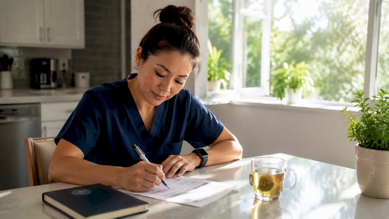 Nurse reviewing CCRN practice questions at home