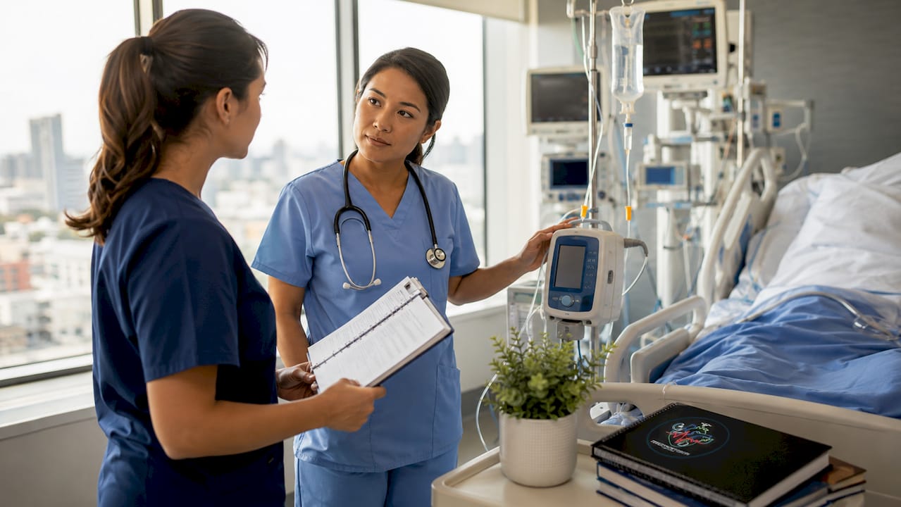 Dietitian and nurse discussing nutrition in ICU