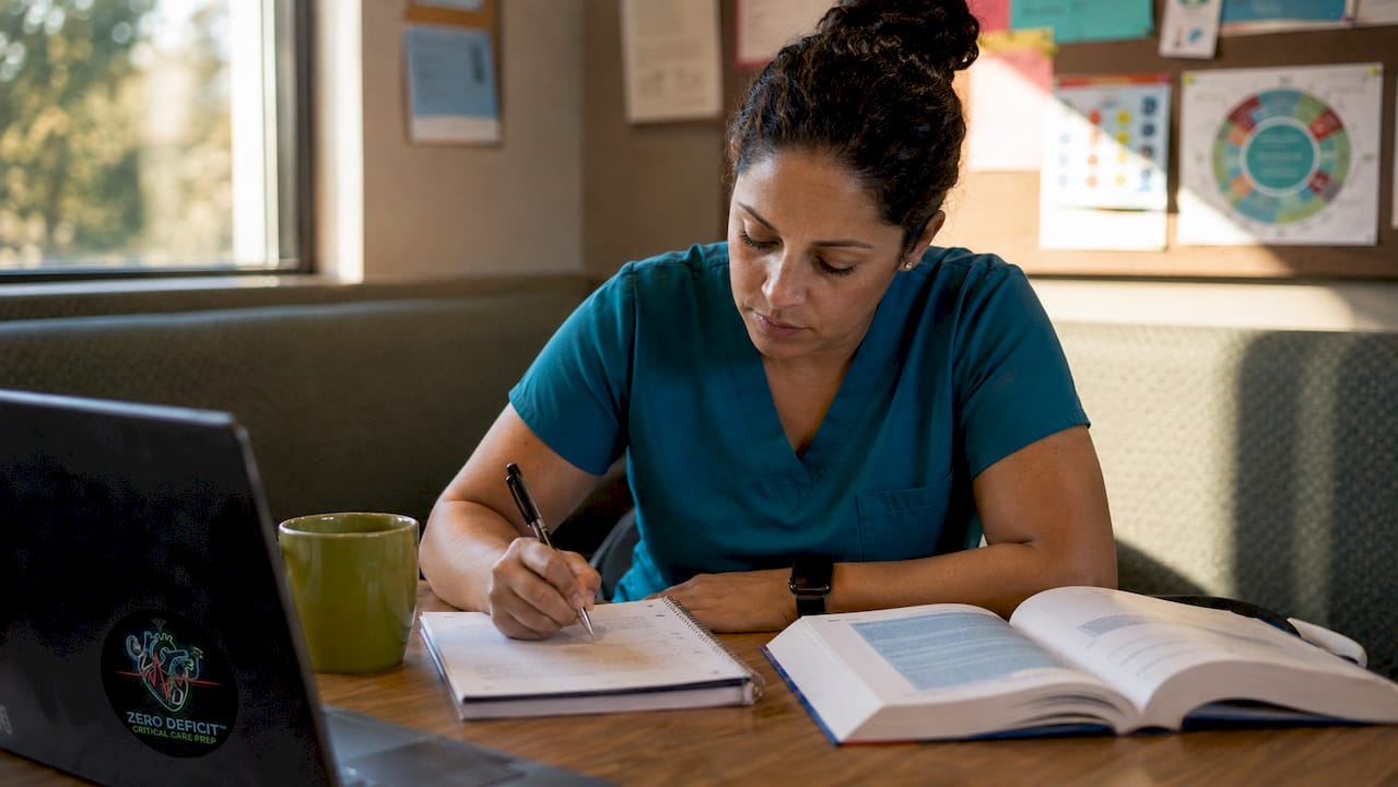 Nurse studying CCRN materials in quiet hospital room