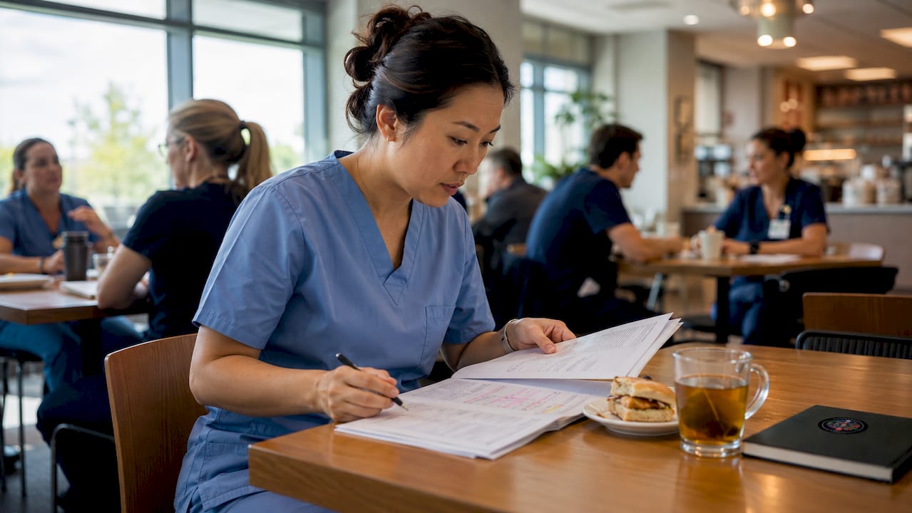 Nurse studying case study papers at nursing station