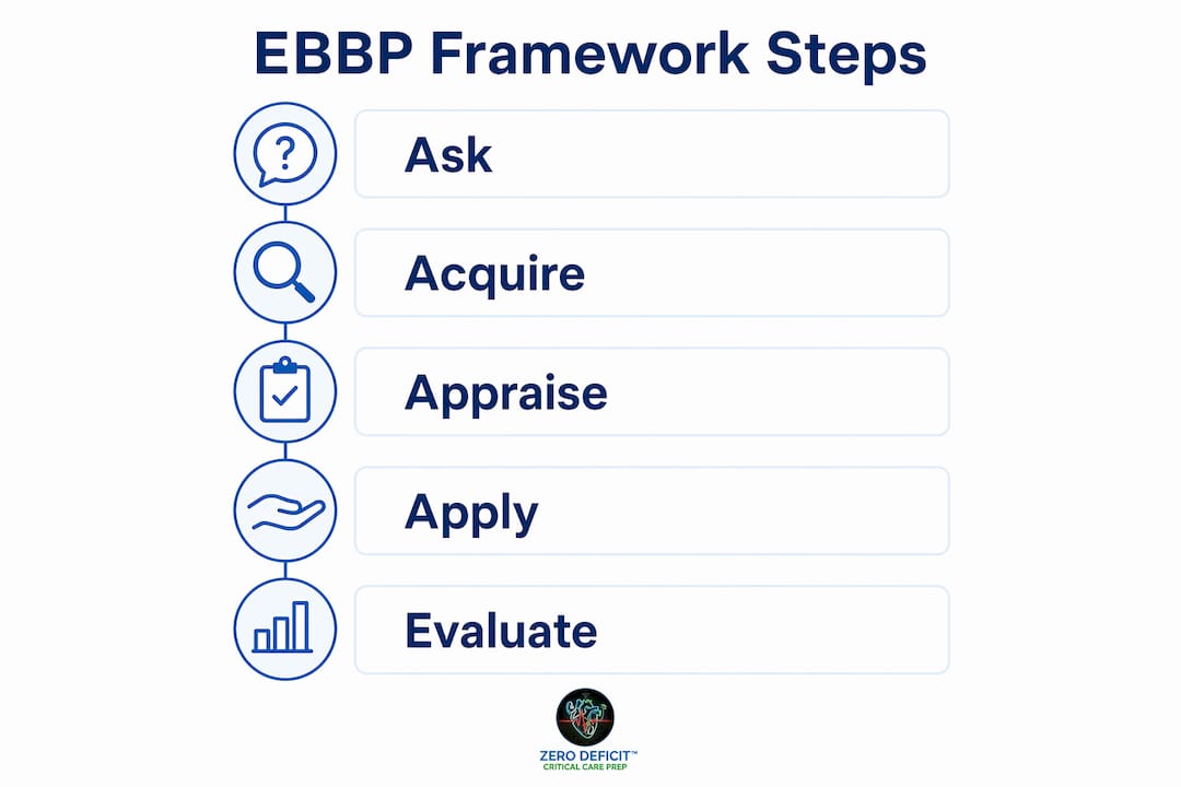 Infographic showing five EBBP framework steps for CCRN prep