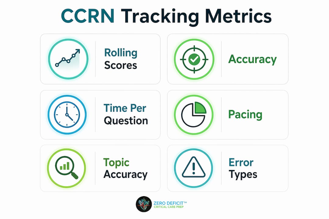 Infographic showing key CCRN exam progress tracking metrics