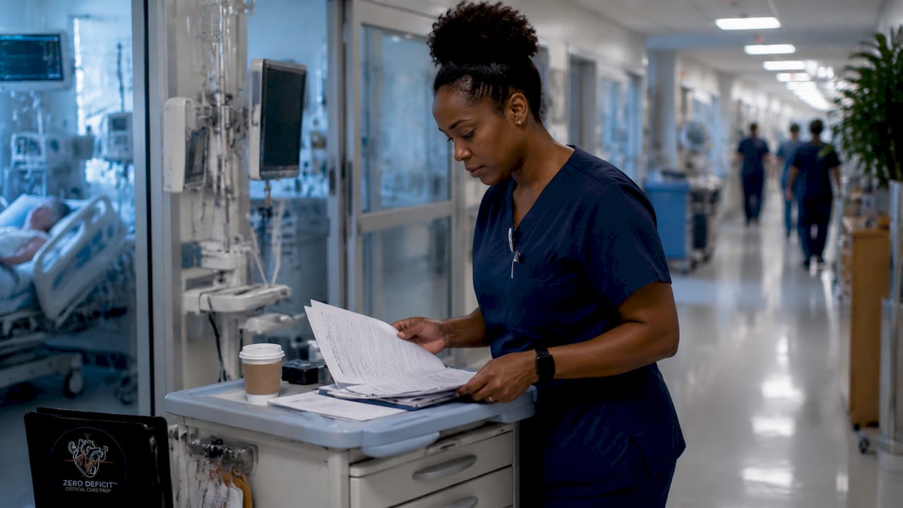 ICU nurse charting medication at workstation
