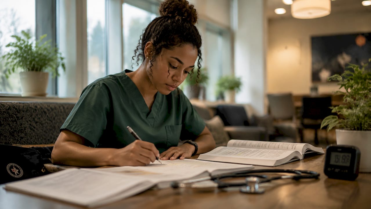 Nurse reviewing CCRN study materials at ICU station