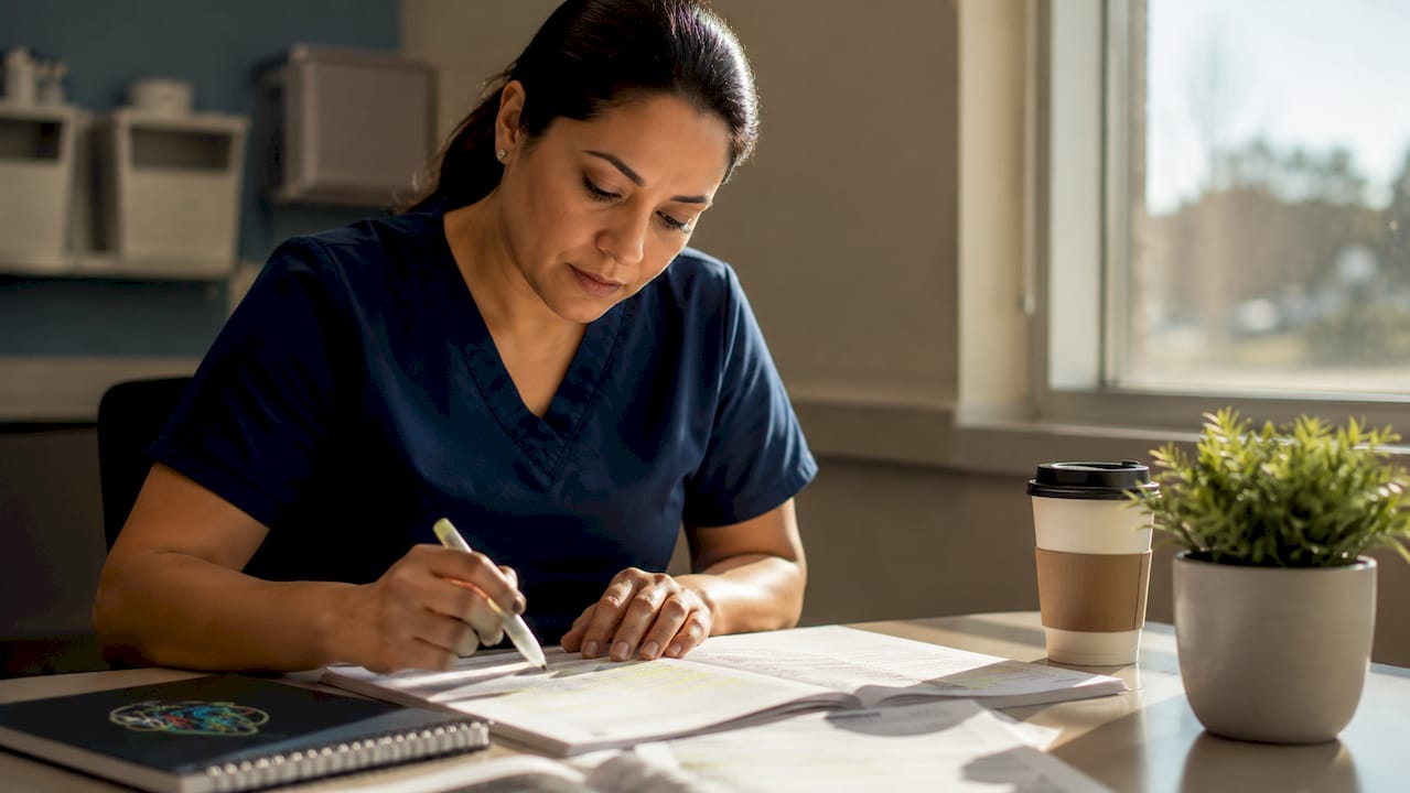 ICU nurse reviewing certification materials