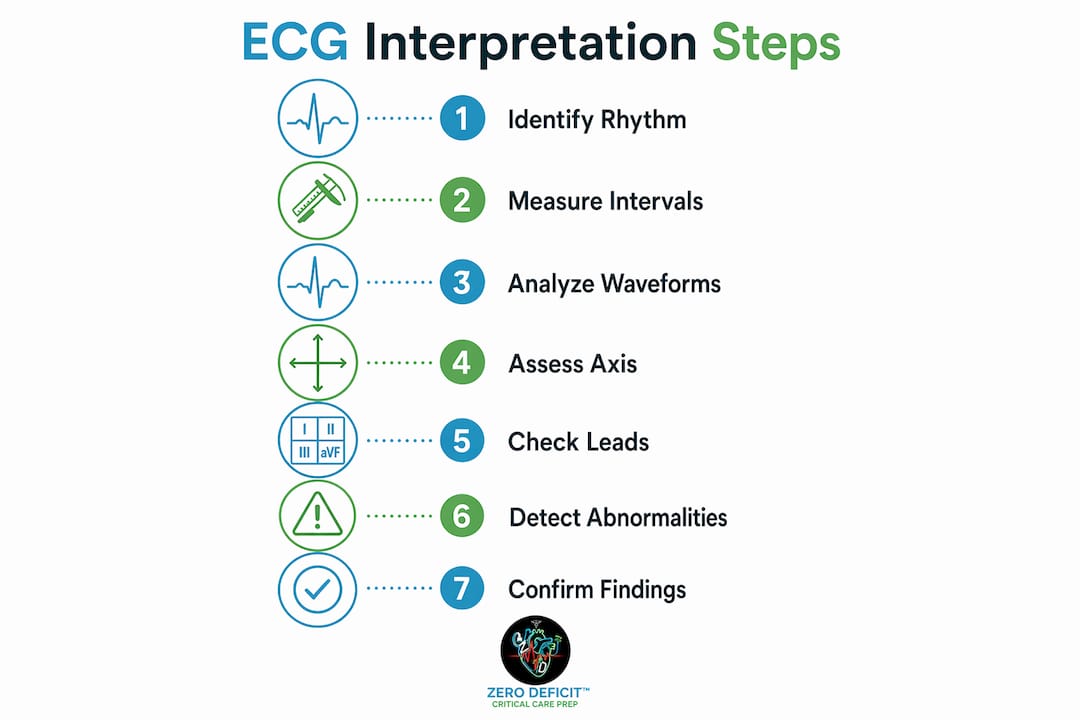 Infographic showing step-by-step ECG interpretation process