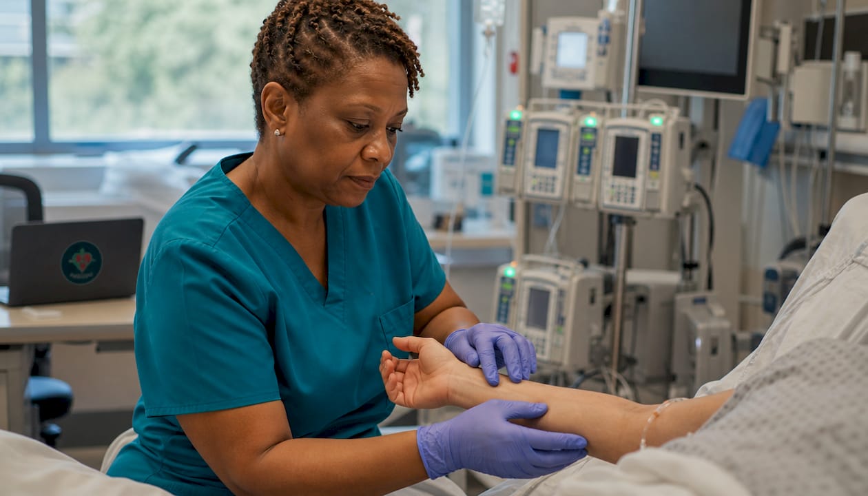 ICU nurse in scrubs assessing patient skin at bedside