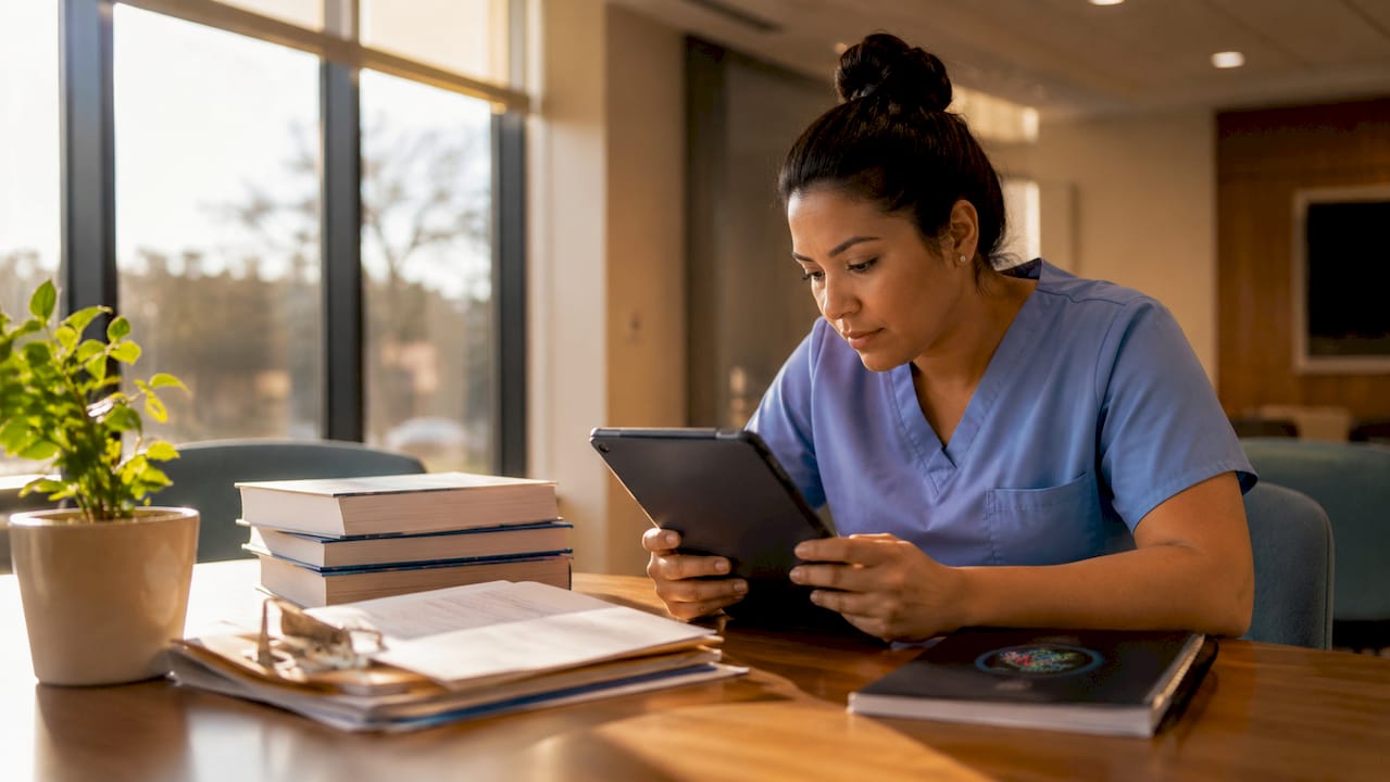 Nurse in ICU station charting patient data