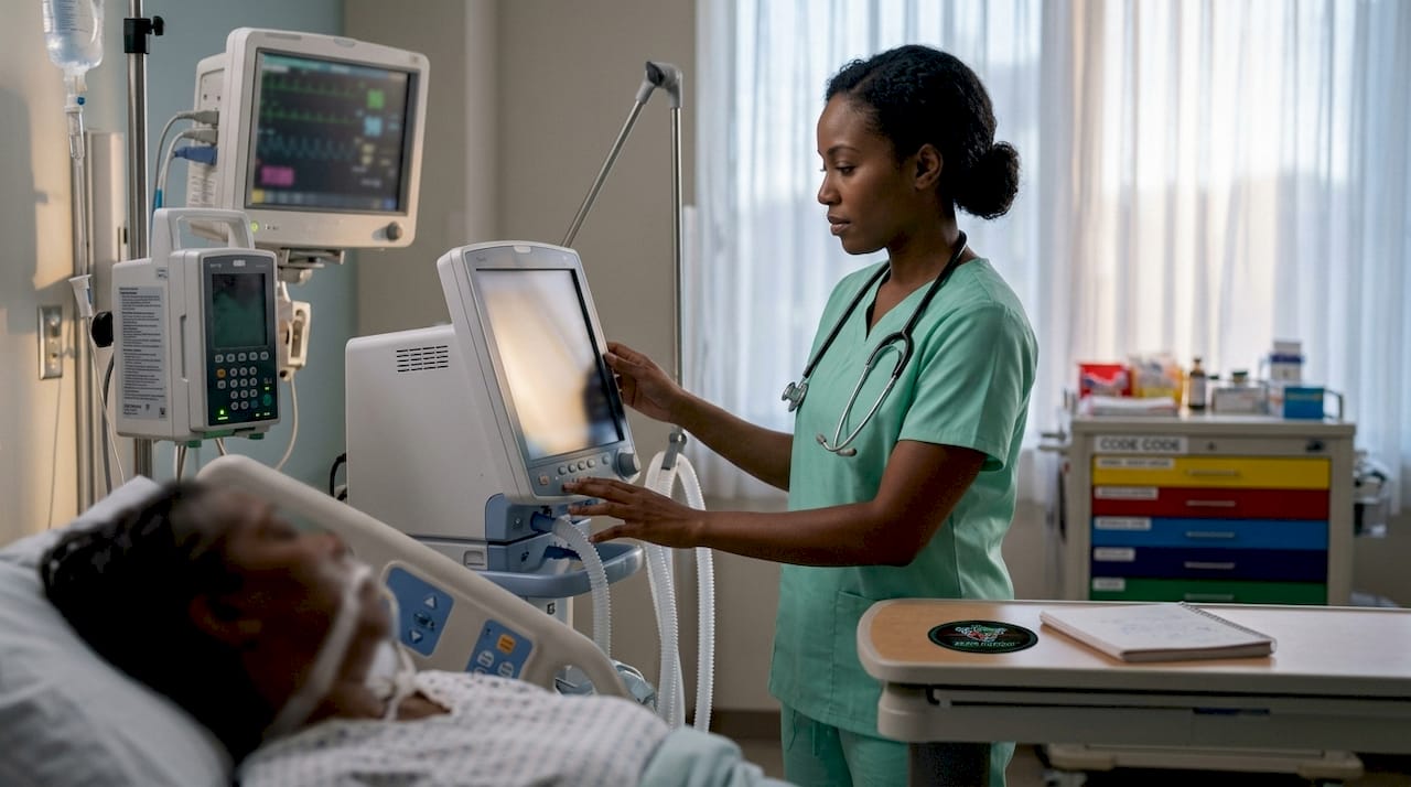 ICU nurse adjusting ventilator at bedside