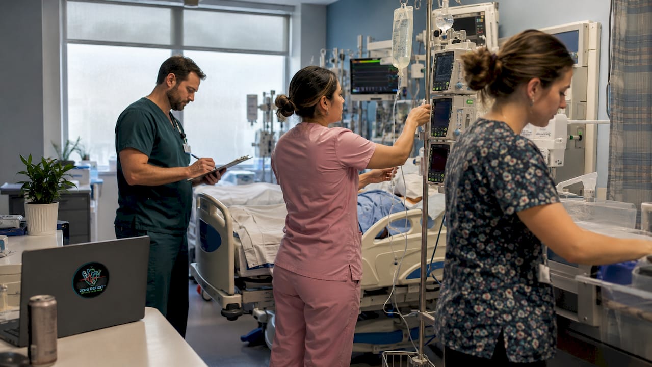 Diverse ICU nurses collaborating at bedside