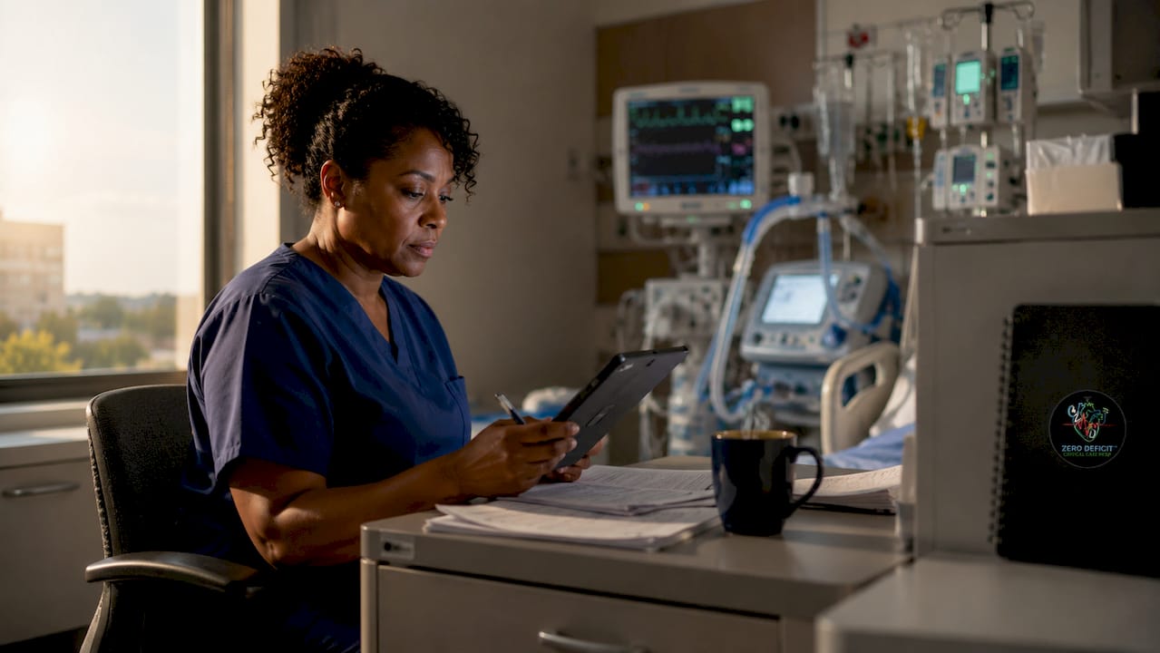 ICU nurse studying quietly at bedside workstation with medical equipment