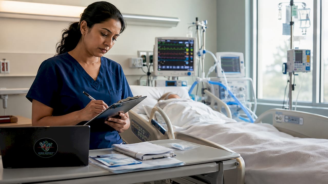 Nurse in navy scrubs assessing patient systems