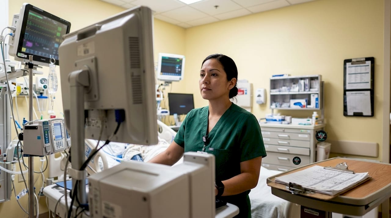 Nurse in scrubs reviewing ICU monitor