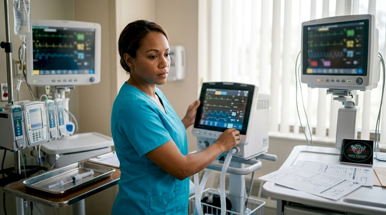 Nurse adjusting ventilator settings in ICU
