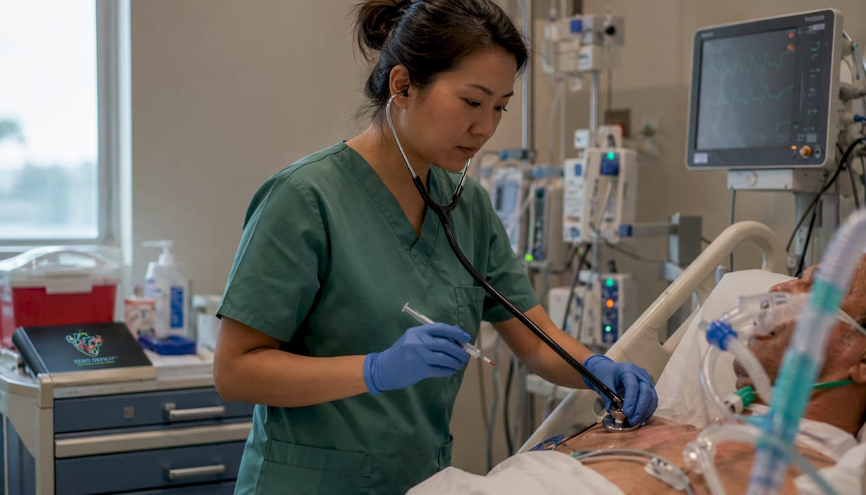 ICU nurse performing respiratory assessment at bedside