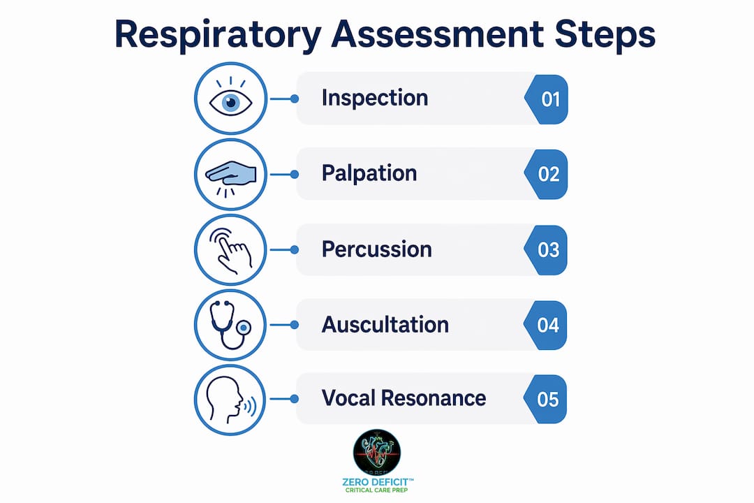 Infographic showing five respiratory assessment steps