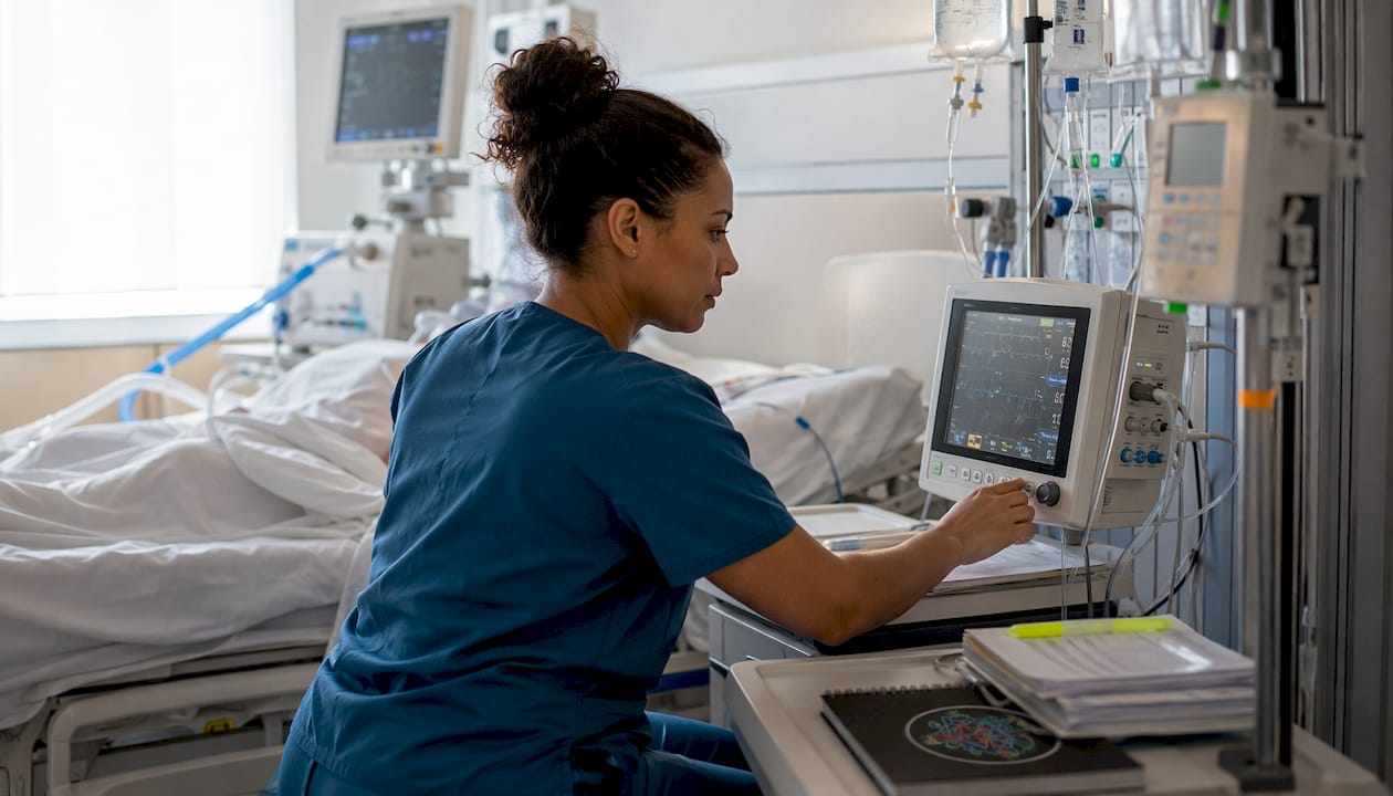 Nurse monitoring ICU bedside equipment
