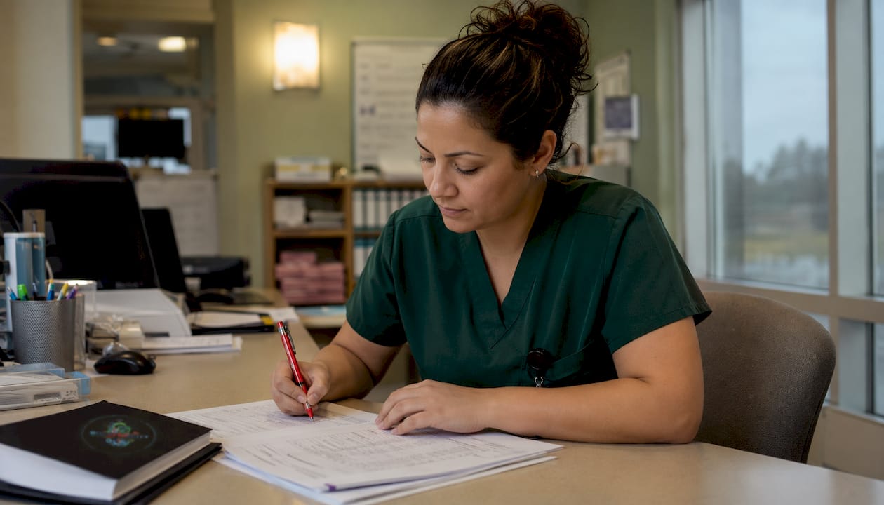 ICU nurse reviewing test blueprint document